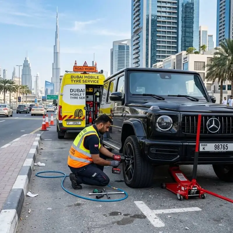 Mobile tyre technician fixing a car on a Dubai roadside
