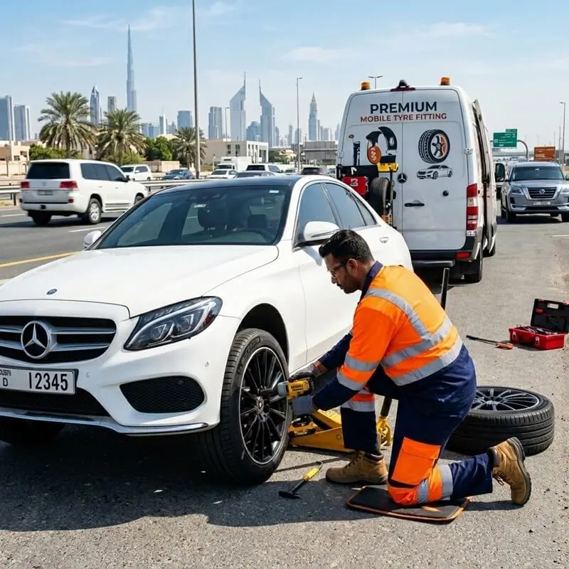 Mobile tyre change technician fixing a car on the roadside in Dubai